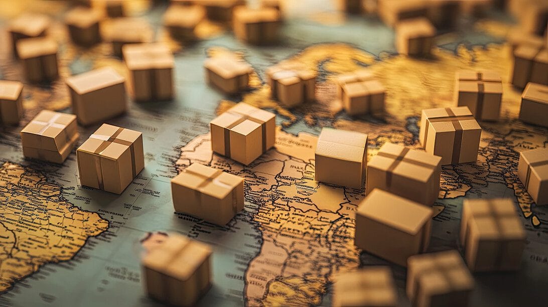 Parcel boxes scattered on a world map symbolizing the growing impact of international business and logistics - Hispamer Noticias Hispamer Noticias