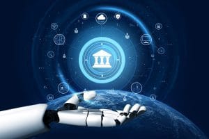 Robotic hand reaching over Earth with a glowing banking icon and circular finance icons above. 2) Futuristic banking concept: robot hand presenting a global finance hub with cloud, Wi‑Fi, and currency icons. 3) Central bank symbol surrounded by floating finance icons above a blue globe, held by a robotic hand. 4) Digital finance imagery: a robot hand offering financial services to the world. 5) Blue globe with a central bank emblem and interconnected finance icons, supported by a robotic hand.&nbsp;Hispamer Noticias