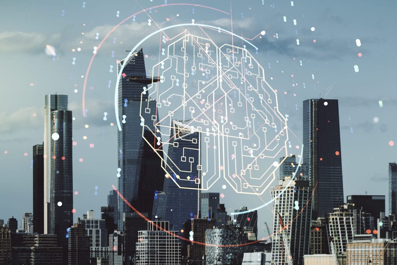 City skyline with a glowing circuit-brain overlay illustrating artificial intelligence in urban tech context.&nbsp;Hispamer Noticias