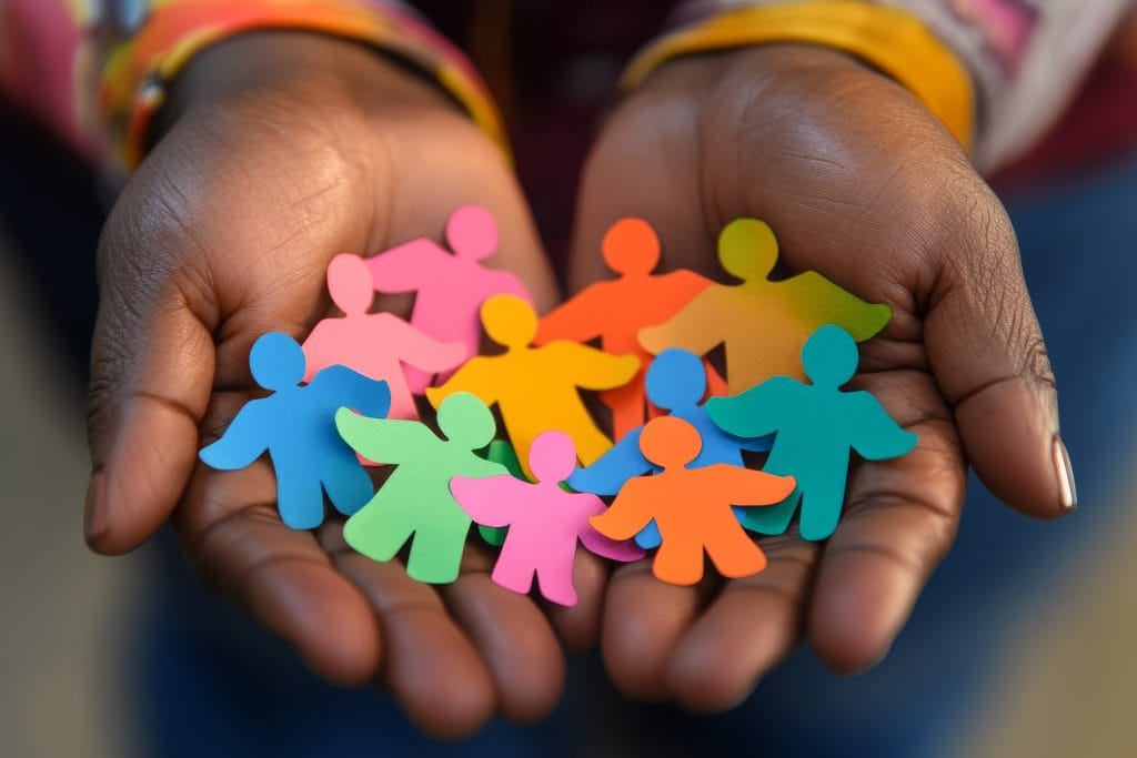 Two hands cup a handful of multicolored paper people shapes, symbolizing community and diversity.&nbsp;Hispamer Noticias
