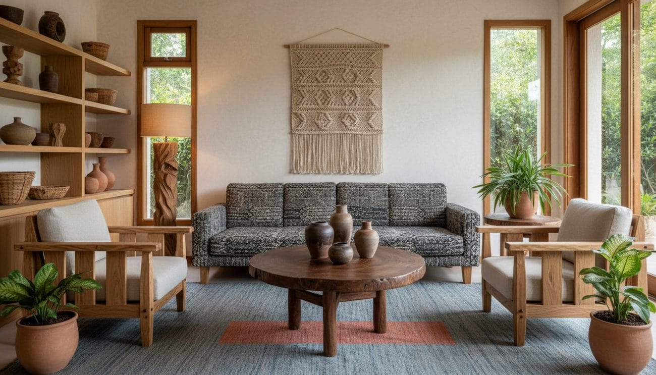 Living Room Interior Home Decor Background - Hispamer Noticias Cozy living room with natural wood furniture, gray patterned sofa, round wooden coffee table, and potted plants by large windows. Hispamer Noticias
