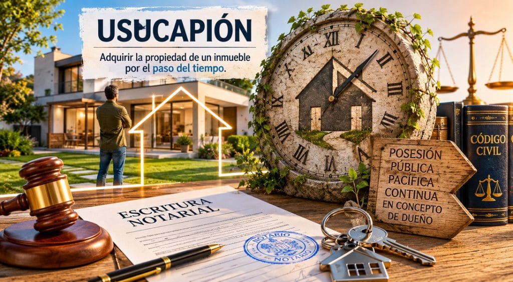 Property ownership by long-term possession: a notarial document, gavel, keys, and a glowing house outline with a clock-face stone backdrop showing a home motif (usucapión).&nbsp;Hispamer Noticias
