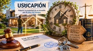 Property ownership by long-term possession: a notarial document, gavel, keys, and a glowing house outline with a clock-face stone backdrop showing a home motif (usucapión).&nbsp;Hispamer Noticias