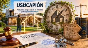 usucapion - Hispamer Noticias Property ownership by long-term possession: a notarial document, gavel, keys, and a glowing house outline with a clock-face stone backdrop showing a home motif (usucapión). Hispamer Noticias