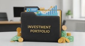 Black portfolio labeled 'Investment Portfolio' with coins and cash surrounding it and a graphs illustration peeking from the top edge.&nbsp;Hispamer Noticias
