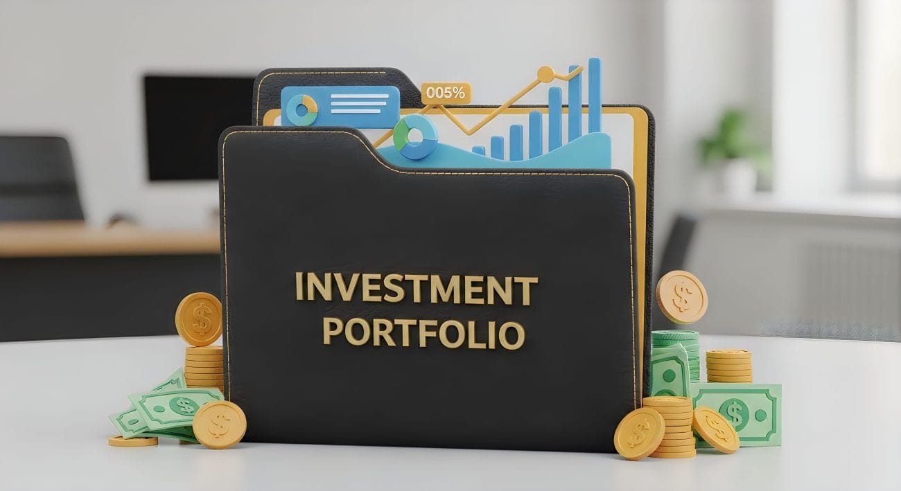 Black portfolio labeled 'Investment Portfolio' with coins and cash surrounding it and a graphs illustration peeking from the top edge.&nbsp;Hispamer Noticias