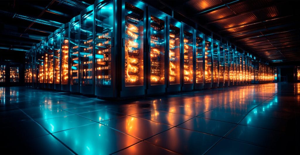 Row of server racks in a data center, blue lighting with orange glow from servers, highly reflective tiled floor.&nbsp;Hispamer Noticias