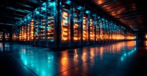 Row of server racks in a data center, blue lighting with orange glow from servers, highly reflective tiled floor.&nbsp;Hispamer Noticias