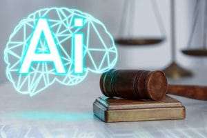 Gavel on a judge's desk with scales in the background and a glowing AI brain icon, symbolizing AI in law.&nbsp;Hispamer Noticias