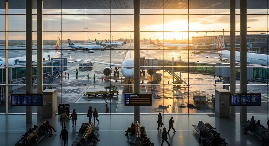 Sunset at the airport shown through a glass-walled terminal with planes at gates and ground crew on the tarmac in the foreground.&nbsp;Hispamer Noticias