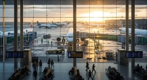vacaciones 2026 - Hispamer Noticias Sunset at the airport shown through a glass-walled terminal with planes at gates and ground crew on the tarmac in the foreground. Hispamer Noticias