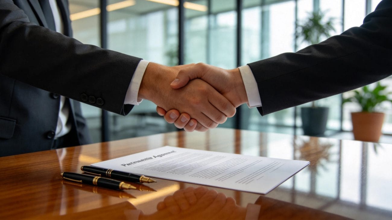 convenios colectivos - Hispamer Noticias Two businesspeople in suits shake hands over a signed partnership contract on a wooden table with pens nearby in a modern office setting. Hispamer Noticias