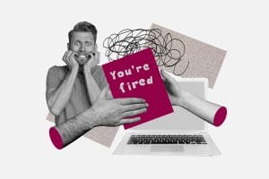 despidos masivos - Hispamer Noticias Illustration of a distressed man being handed a magenta card that says 'You're fired' from oversized hands, with a laptop in the scene on a light background. Hispamer Noticias