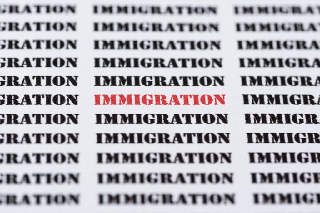 Repeated pattern of the word IMMIGRATION in bold black text, with the central word highlighted in red.