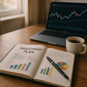 Notebook opened to a page titled Investment Plan with bar charts and a pie chart, a black pen, a cup of coffee, and a laptop displaying stock charts on a wooden desk for an investment setup image.&nbsp;Hispamer Noticias