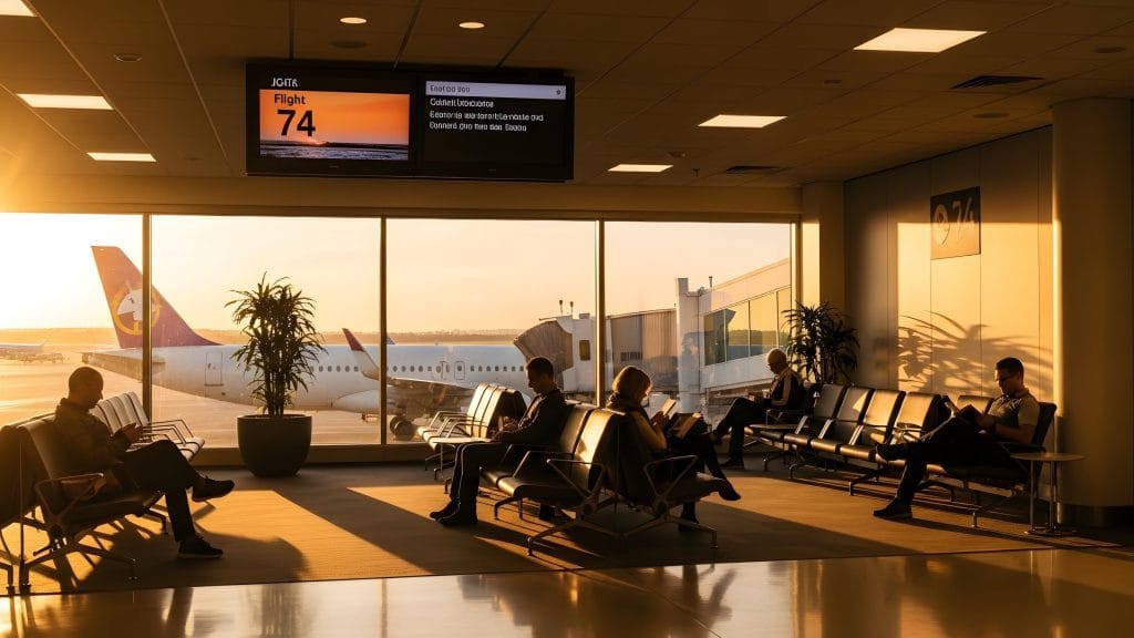 Sunset-lit airport departure lounge with passengers seated; a parked jet is visible through large windows, gate 74 on screens.&nbsp;Hispamer Noticias