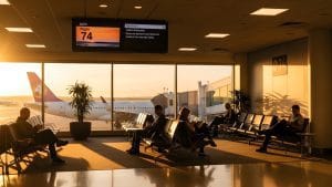 rescate plus ultra - Hispamer Noticias Sunset-lit airport departure lounge with passengers seated; a parked jet is visible through large windows, gate 74 on screens. Hispamer Noticias