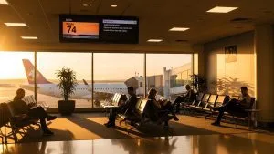 Sunset-lit airport departure lounge with passengers seated; a parked jet is visible through large windows, gate 74 on screens.&nbsp;Hispamer Noticias