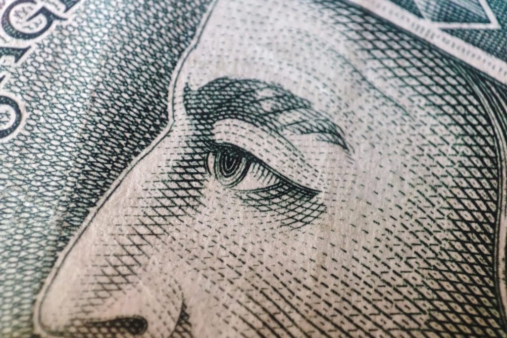 Close-up of a banknote engraving showing the eye of a portrait and part of its nose/cheek area, with fine line work.&nbsp;Hispamer Noticias