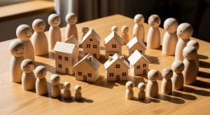Wooden figurines form a circle around a cluster of tiny wooden houses, symbolizing community and housing.&nbsp;Hispamer Noticias
