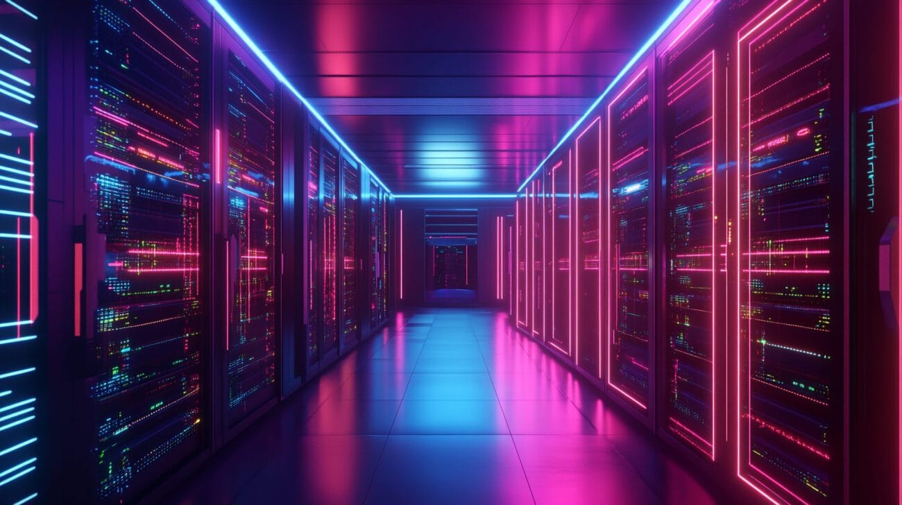centro de datos - IP - Hispamer Noticias Data center hallway with rows of server racks illuminated by blue and pink neon lights. Hispamer Noticias