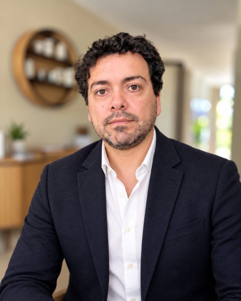 Portrait of a man in a navy blazer and white shirt seated in a bright office setting.&nbsp;Hispamer Noticias