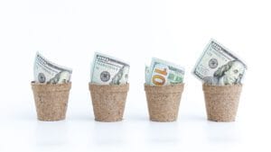 Four small cork pots with folded US dollar bills sticking out, lined up in a row—symbolizing savings or money growth (informative).&nbsp;Hispamer Noticias