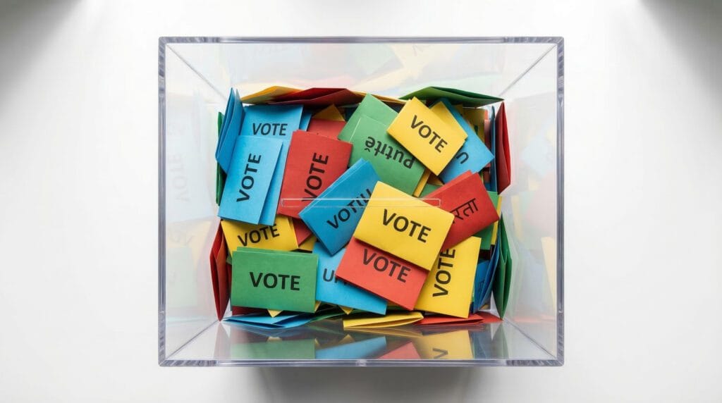 Transparent ballot box filled with colorful slips reading 'VOTE' ready for casting vote choices online or in person.&nbsp;Hispamer Noticias